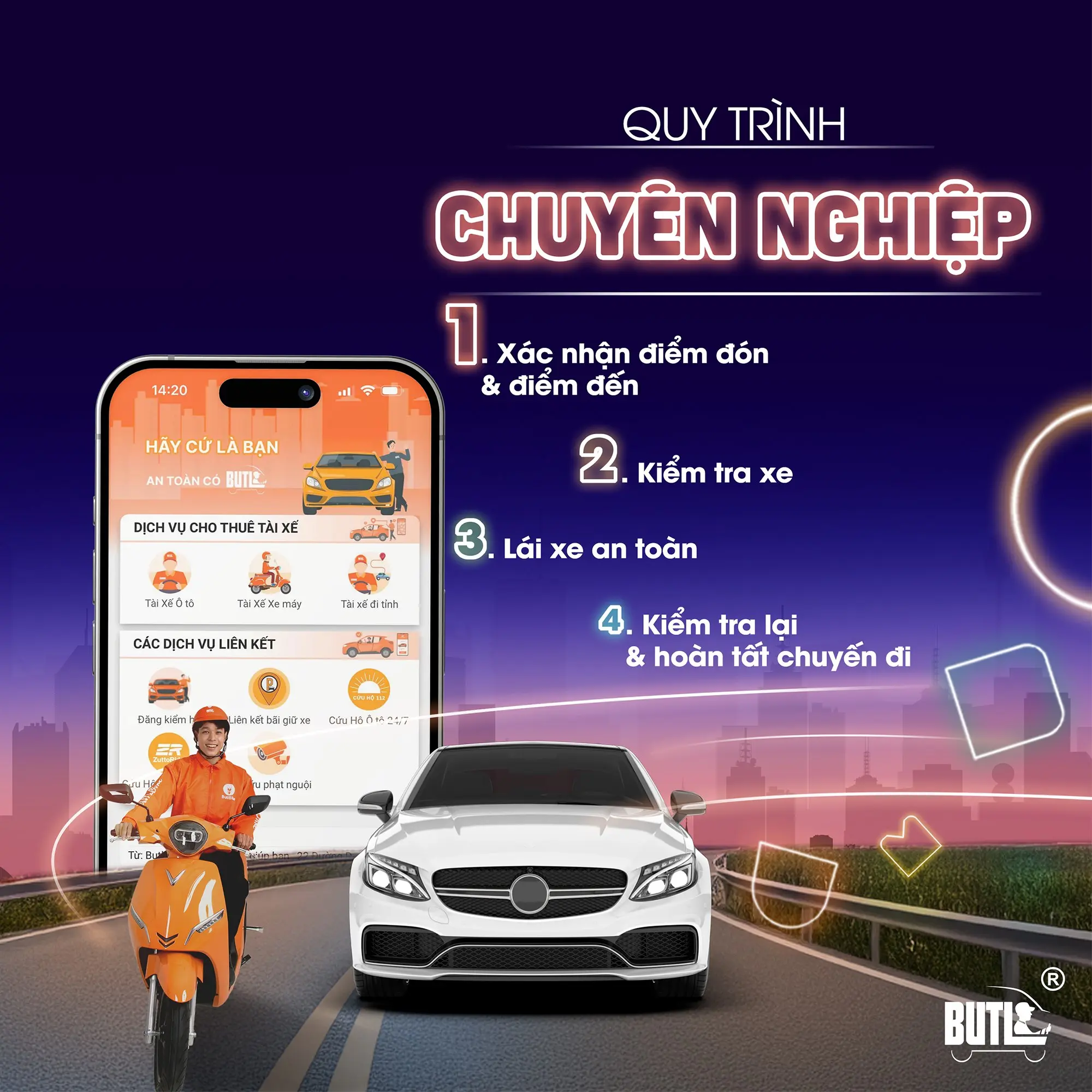 Quy trình đặt thuê tài xế lái xe hộ của BUTL